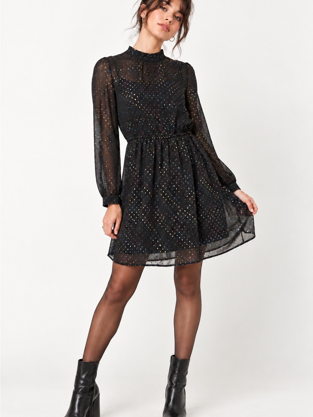 NEW ModCloth Dress Black Chiffon Rainbow Dot Women S Witchy Whimsy Fairygrunge